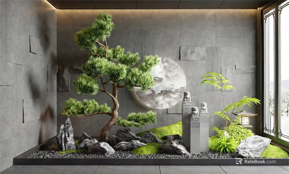 Zen Indoor Landscape With Pine Tree Moon Decoration Rocks Statues Lantern And Mossy Grass 3d model 