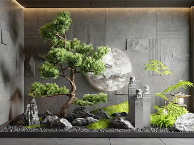 Zen Indoor Landscape With Pine Tree Moon Decoration Rocks Statues Lantern And Mossy Grass 3d model