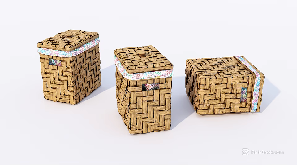 Set of Three Decorative Woven Square Storage Baskets With Colorful Trim 3d model 