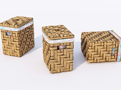 Set of Three Decorative Woven Square Storage Baskets With Colorful Trim 3d model