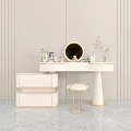 Elegant Light Colored Vanity Table With Round Gold Mirror Makeup Bottles Stool And Small Plant