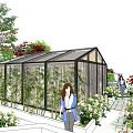 Serene Garden Landscape With Glass Greenhouse Green Plants Colorful Flowers And Stone Path