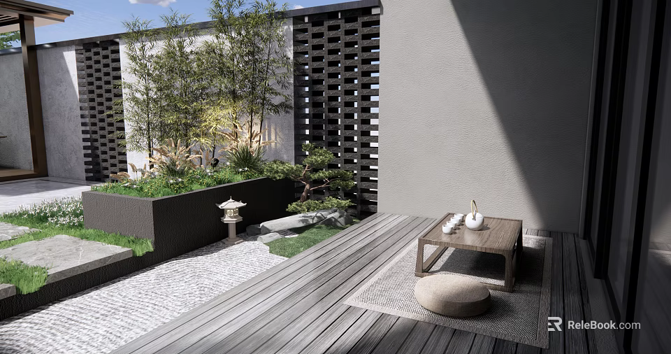 Serene Courtyard Garden With Wooden Deck Small Stone Lantern Green Plants And Low Table 3d model 