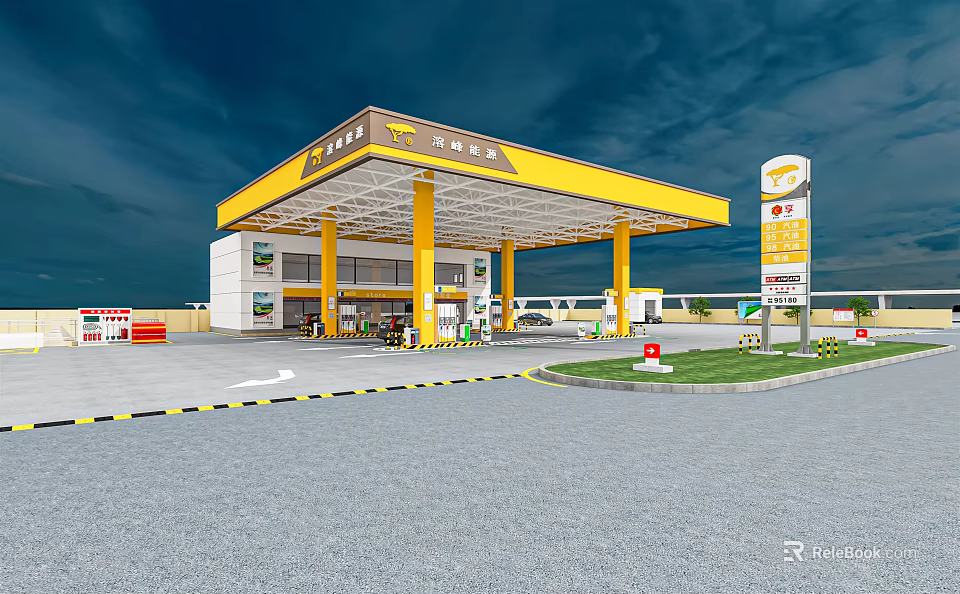 Gas Station With Yellow Canopy Fuel Pumps Signpost And Parking Area 3d model 