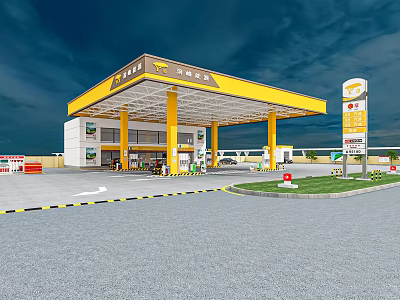 Gas Station With Yellow Canopy Fuel Pumps Signpost And Parking Area 3d model