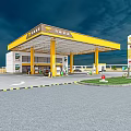 Gas Station With Yellow Canopy Fuel Pumps Signpost And Parking Area