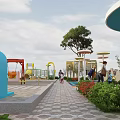 Colorful Children's Playground with Slides Swings and Umbrella Shades in Green Grass Area