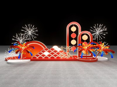 Floral Art Installation for Chinese New Year with Red Lanterns Fireworks and Golden Decor 3d model