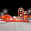 Floral Art Installation for Chinese New Year with Red Lanterns Fireworks and Golden Decor