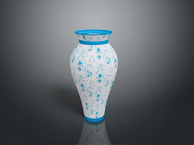 White Ceramic Sculpture Vase Featuring Blue Decorative Patterns And Reflective Surface 3d model