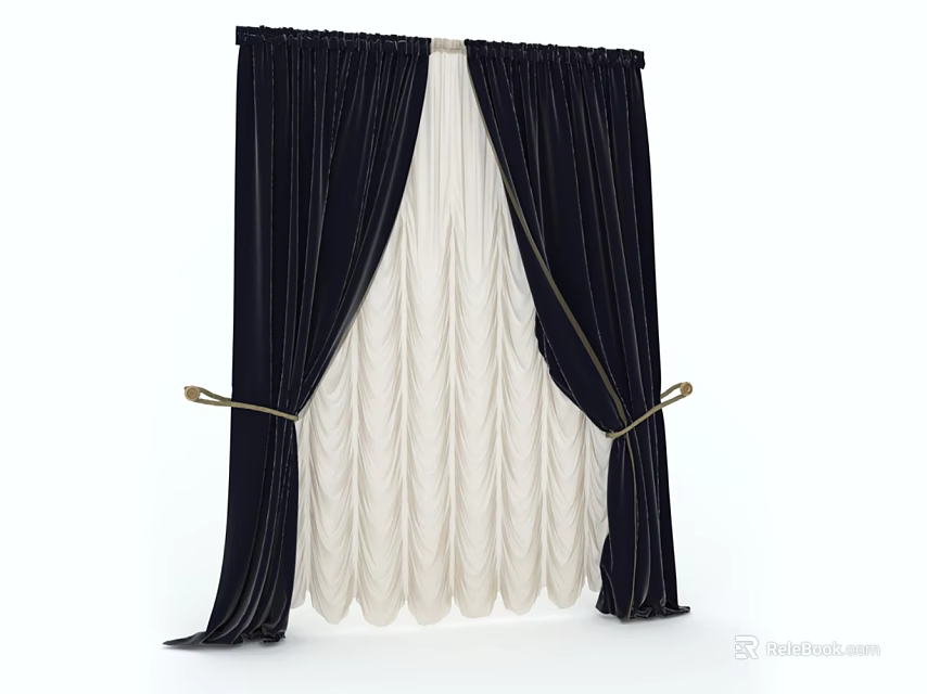 Dark and White Double Layer Interior Curtains With Vertical Stripes Pleated Inner And Gold Tiebacks 3d model 