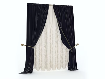 Dark and White Double Layer Interior Curtains With Vertical Stripes Pleated Inner And Gold Tiebacks 3d model
