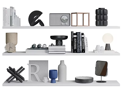 Modern Decorative Ornament Set with Books Letter Vase Clock Mirror and Geometric Shelf 3d model