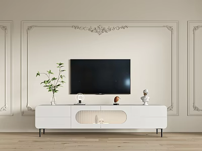 Modern White TV Stand with TV Vase Decorations and Elegant Wall Molding 3d model