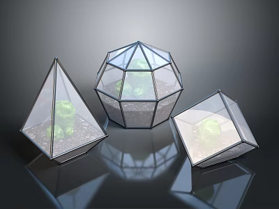 Scenic Green Plant Landscapes Inside Transparent Geometric Glass Structures On Reflective Surface 3d model