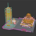 Traditional Ancient Pagoda and Palace Style Building Featuring Orange Roofs and Curved Multi layered Eaves