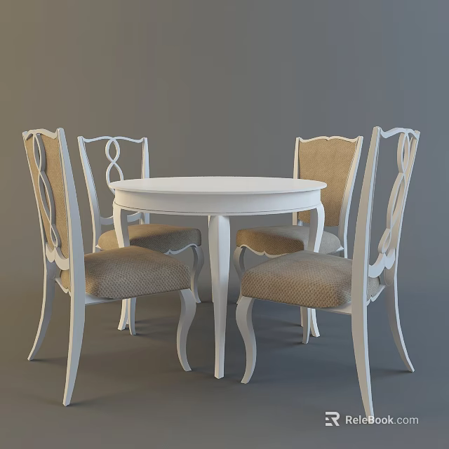 Classic White Round Dining Table Set With Four Beige Fabric Chairs 3d model