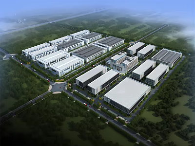 Modern Industrial Factory Complex With Multiple Flat Roof Buildings Greenery And Roads 3d model