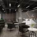 Modern Coffee Shop Interior With Black Leather Sofas Round White Tables And Bar Counter