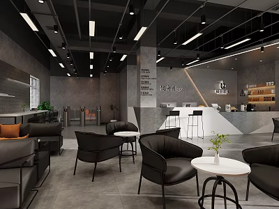 Modern Coffee Shop Interior With Black Leather Sofas Round White Tables And Bar Counter 3d model