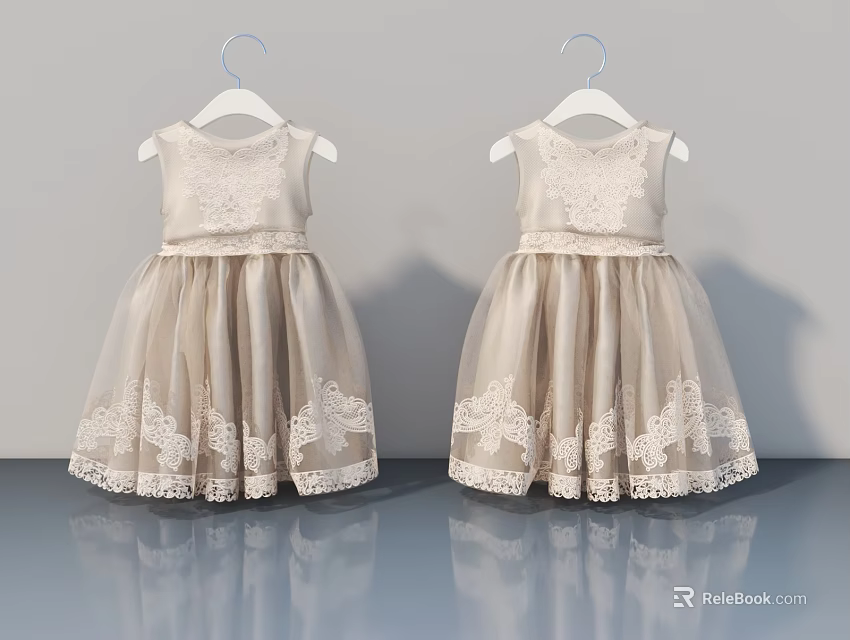 Elegant Beige Baby Dresses With Lace Decoration Hanging On Hangers Against Gray Background 3d model 
