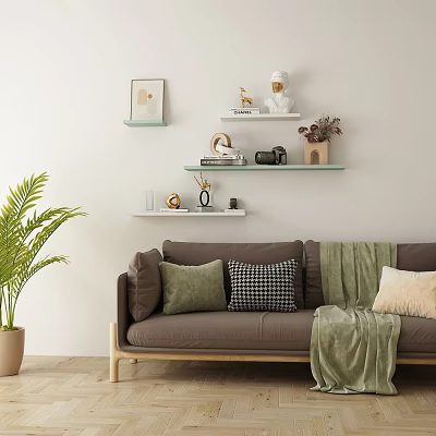 Stylish Wall Shelves With Decorative Items In Living Room With Sofa And Green Plants 3d model