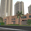 Municipal Road With High Rise Brown Buildings Palm Tree Shops And Blue Car