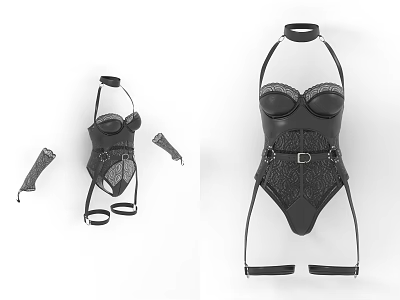 Black Lace Bodysuit With Choker Neckline Belt Details And Garter Straps 3d model
