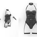 Black Lace Bodysuit With Choker Neckline Belt Details And Garter Straps
