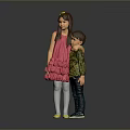 Two children snuggling girl in pink dress and boy in green top against grey background