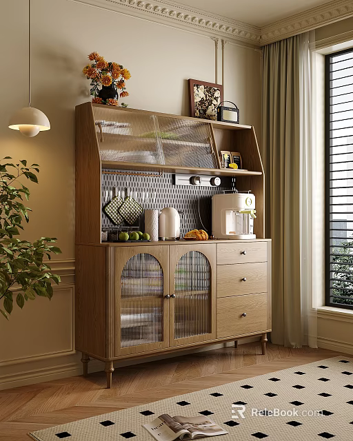 Cozy Living Dining Room Interior With Wooden Cabinet Glass Doors Coffee Machine And Potted Plant 3d model 
