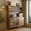 Cozy Living Dining Room Interior With Wooden Cabinet Glass Doors Coffee Machine And Potted Plant
