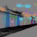 Cartoon Scene With Painted Walls Decorative Columns Red Doors Cloud Shaped Lights And Dove Decorations