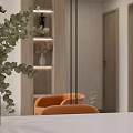 Modern Living Dining Room Interior With Gray Sofa Orange Chair And Coffee Table