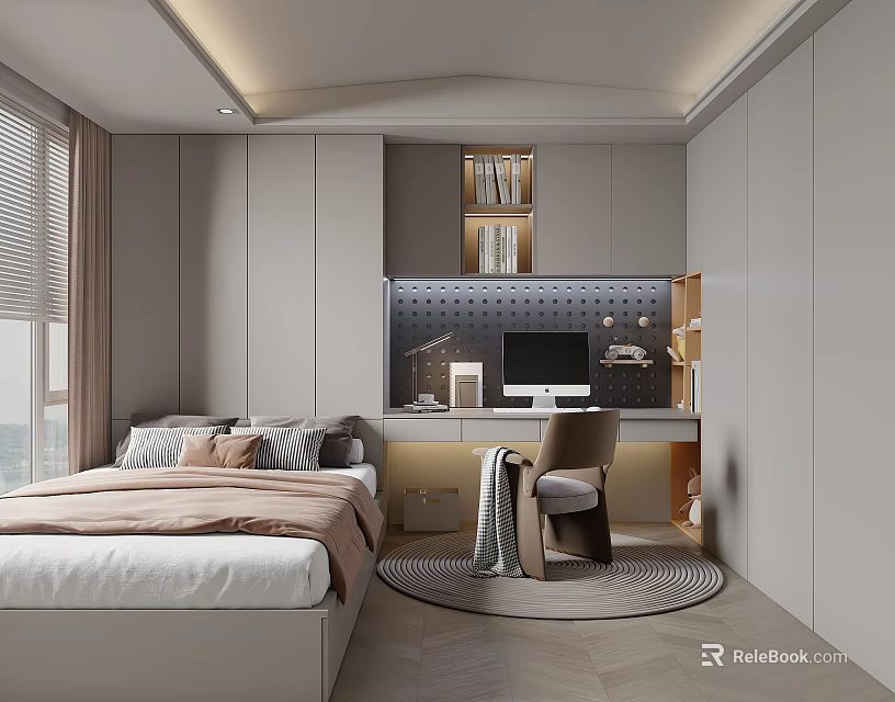 Modern Tatami Bedroom Interior With Bed Desk Computer Bookshelf And Window 3d model 