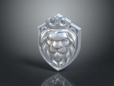 Silver Shield Weapon with Lion Head Design and Crown Decoration in Metallic Finish 3d model