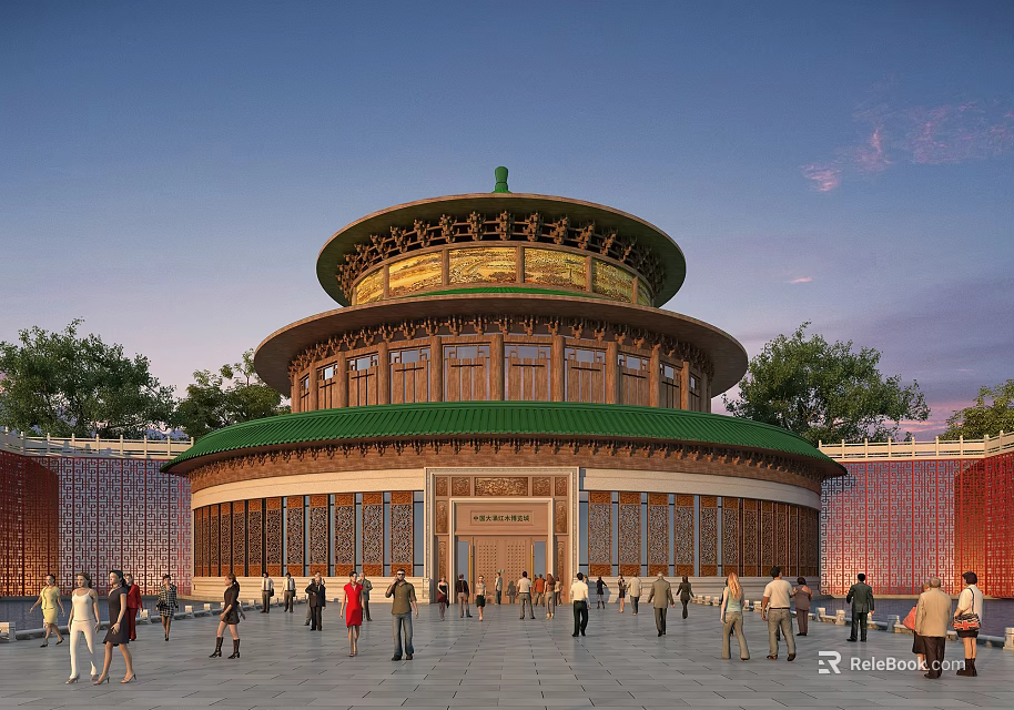 Traditional Ancient Chinese Architecture With Circular Green Roof Golden Decorations And People In Courtyard 3d model 
