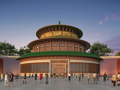 Traditional Ancient Chinese Architecture With Circular Green Roof Golden Decorations And People In Courtyard 3d model