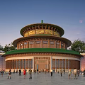 Traditional Ancient Chinese Architecture With Circular Green Roof Golden Decorations And People In Courtyard