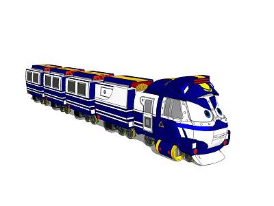 Electric Toy Train with Blue White Carriages and Cartoon Face for Kids 3d model