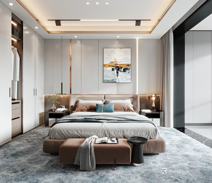 Modern Bedroom Interior Design With Comfortable Bed Nightstands Table Lamps Rug And Wall Artwork 3d model 