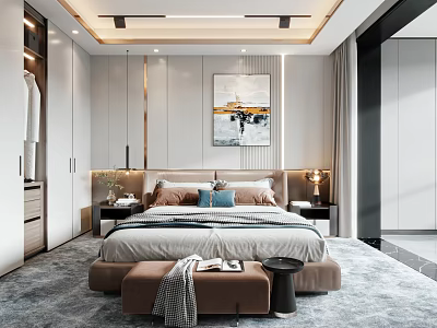 Modern Bedroom Interior Design With Comfortable Bed Nightstands Table Lamps Rug And Wall Artwork 3d model