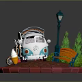 Blue And White Volkswagen Van With Orange Roof Rack Street Lamp Bench Green Bushes