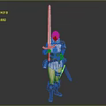 Game Movie Character in Armor Holding Blue Longsword with Brown Hair and Green Sash
