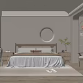 Modern Bedroom Interior With Circular Wall Light Wooden Headboard And Neutral Tones Rug