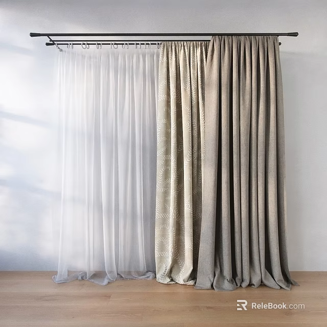 White Sheer And Beige Thick Curtains With Black Rod On White Wall Wooden Floor 3d model 
