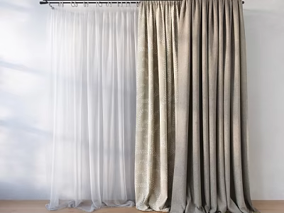 White Sheer And Beige Thick Curtains With Black Rod On White Wall Wooden Floor 3d model