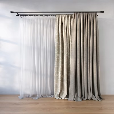 White Sheer And Beige Thick Curtains With Black Rod On White Wall Wooden Floor 3d model