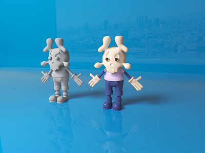 Two Cartoon Dolls With Gray And Pink Purple Outfits On Blue Background With City Skyline 3d model