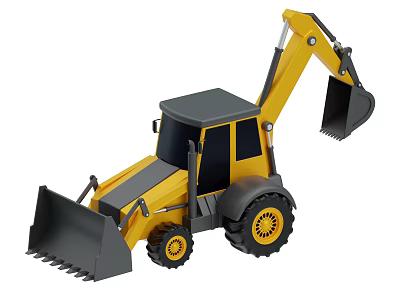 Yellow Heavy Duty Utility Vehicle With Front Loader Bucket Backhoe Arm And Large Tires 3d model
